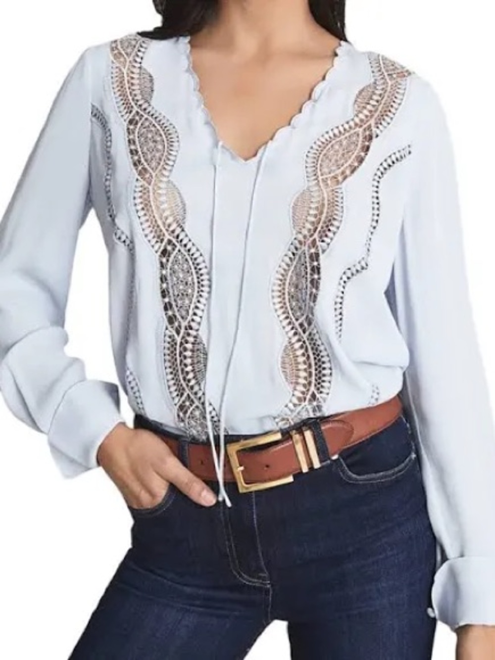 Reiss Faith Blouse Light Blue Lace Detail Scalloped V-Neck Blouse NWT Size 10